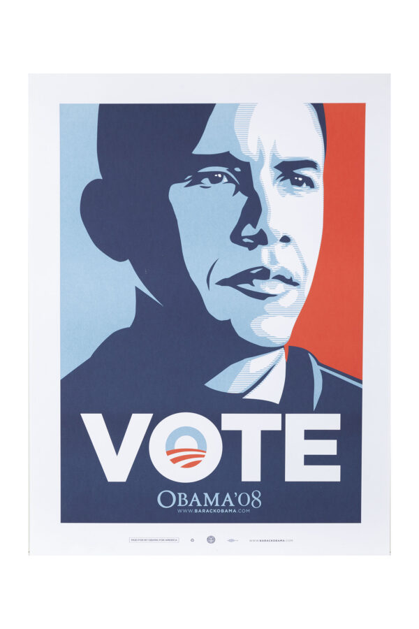 poster originale della campagna elettorale presidenziale del 2008 negli Stati Uniti, un ritratto di Barak Obama, disegnato da Shepherd Fairy